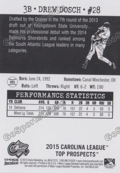 2015 Carolina League Top Prospect Drew Dosch  Back of Card