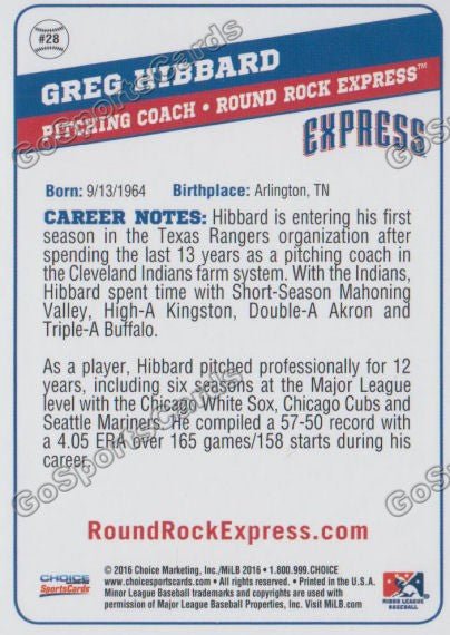 2016 Round Rock Express Greg Hibbard – Go Sports Cards