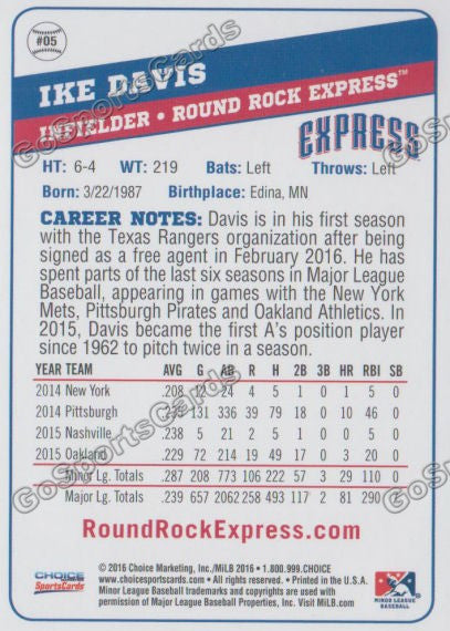 2016 Round Rock Express Ike Davis Back of Card