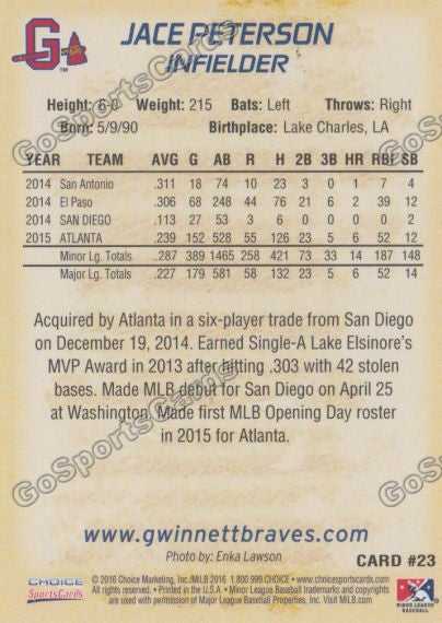 2016 Gwinnett Braves Jace Peterson  Back of Card