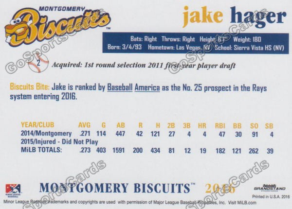 2016 Montgomery Biscuits Jake Hager  Back of Card