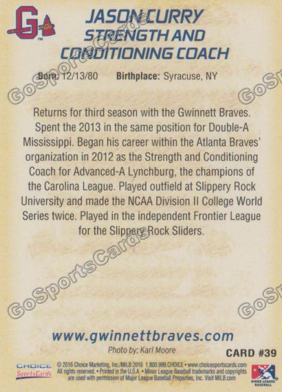 2016 Gwinnett Braves Jason Curry  Back of Card