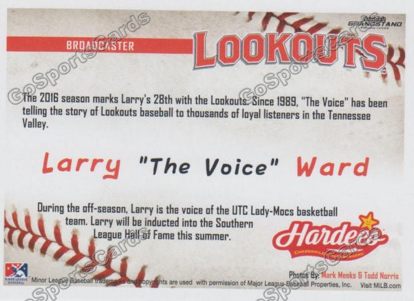 2016 Chattanooga Lookouts Larry The Voice Ward  Back of Card