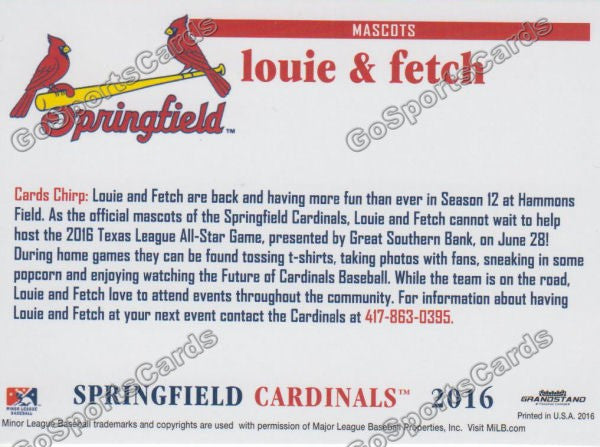 2016 Springfield Cardinals Louie and Fetch Mascot Back of Card