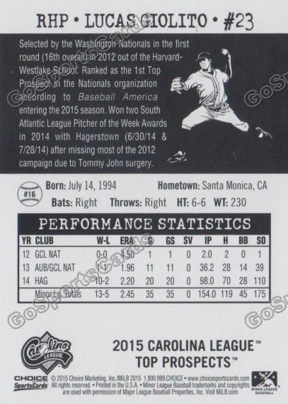 2015 Carolina League Top Prospect Lucas Giolito  Back of Card