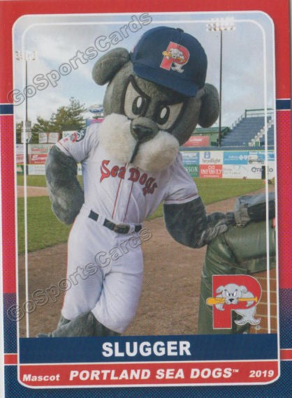 Portland Sea Dogs mascot, Slugger, races a young fan around the