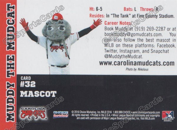 2016 Carolina MudCats Muddy the Mudcat Mascot Back of Card