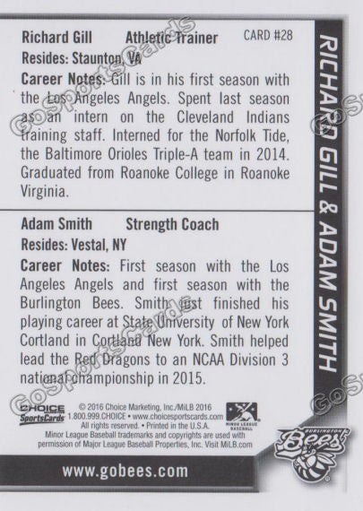 2016 Burlington Bees Richard Gill Adam Smith  Back of Card