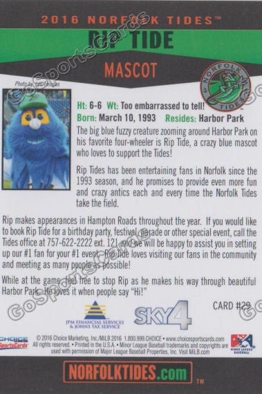 2016 Norfolk Tides Rip Tide Mascot Back of Card