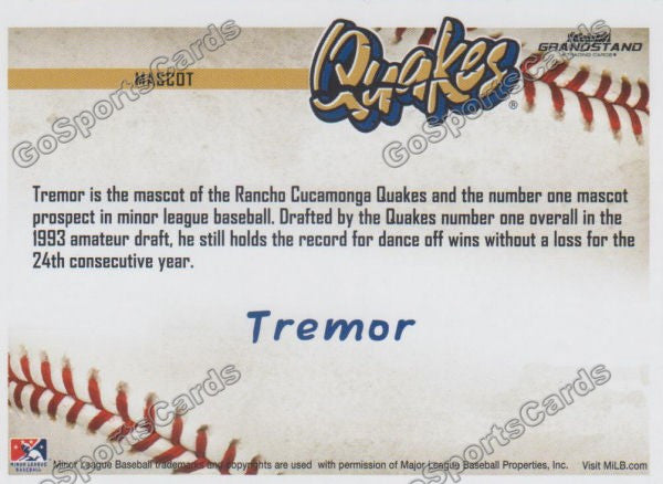 2016 Rancho Cucamonga Quakes Tremor Mascot Back of Card