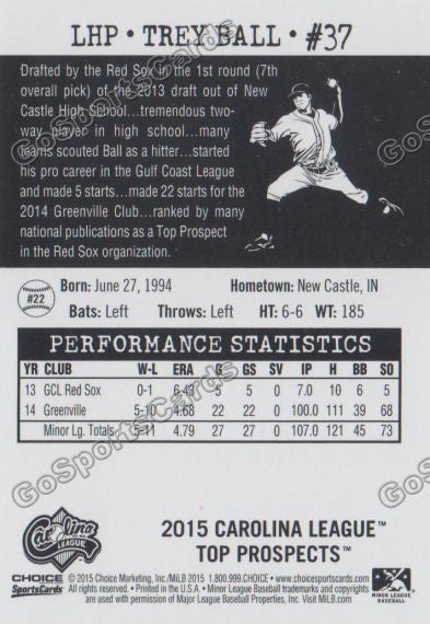 2015 Carolina League Top Prospect Trey Ball  Back of Card