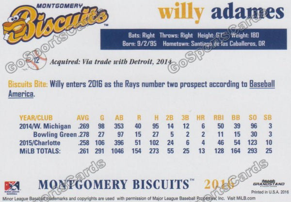 Willy Adames baseball card (Montgomery Biscuits, Tampa Rays) 2016